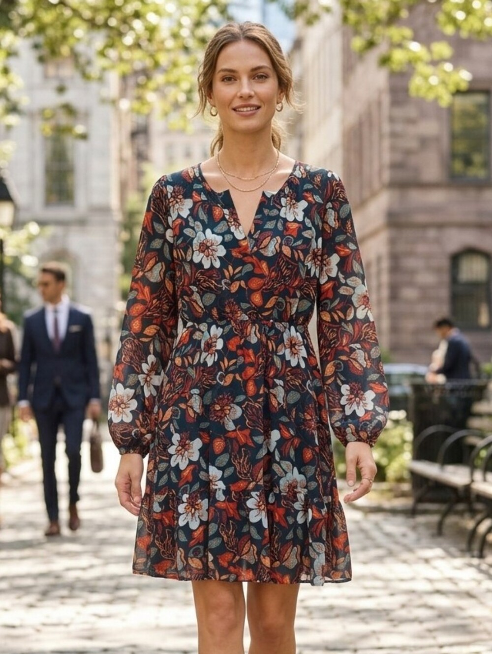 Gilli Women's Boho Green Autumn Floral Long-Sleeve Mini Dress Size Small